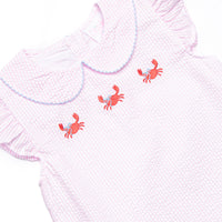 Crab Walk Cutie Embroidered Dress, Pink Seersucker