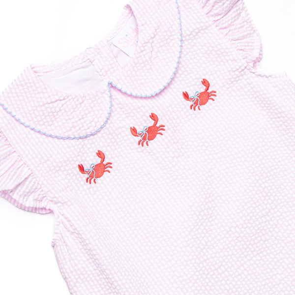 Crab Walk Cutie Embroidered Dress, Pink Seersucker