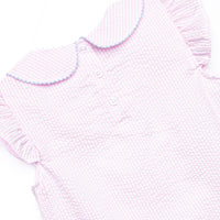 Crab Walk Cutie Embroidered Dress, Pink Seersucker