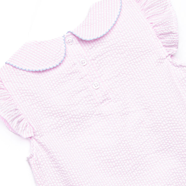 Crab Walk Cutie Embroidered Dress, Pink Seersucker
