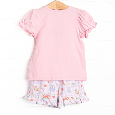 Lessons Learned Applique Ruffle Short Set, Pink