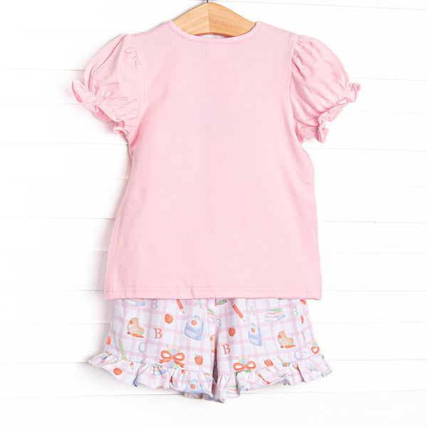 Lessons Learned Applique Ruffle Short Set, Pink