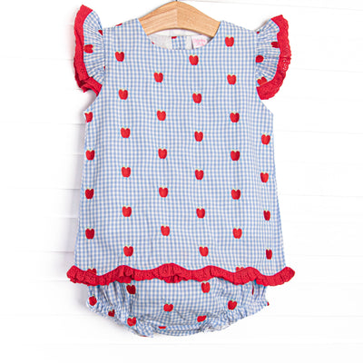This set features a blue gingham print, apple embroideries, and red eyelet lace trim. Coordinating diaper cover to match.