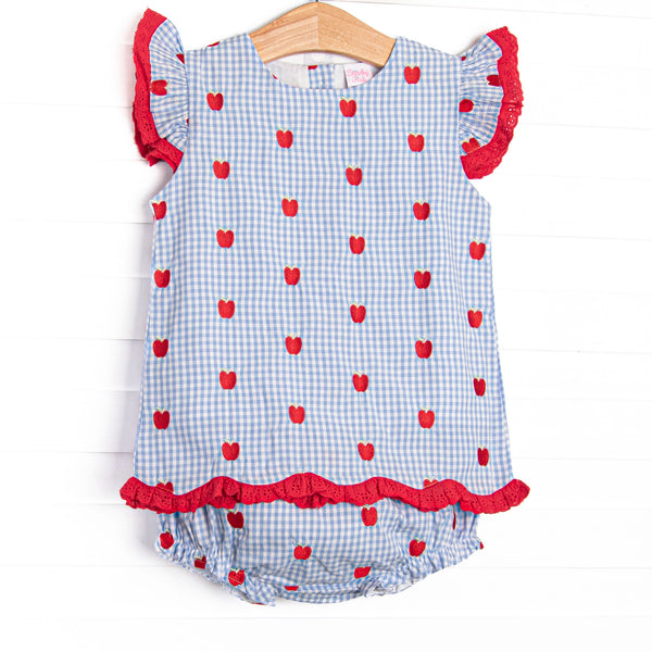 This set features a blue gingham print, apple embroideries, and red eyelet lace trim. Coordinating diaper cover to match.