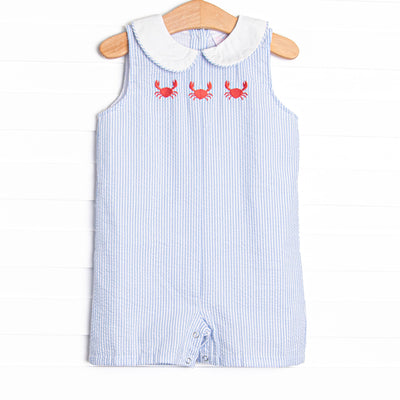 Crab Walk Cutie Embroidered Jon Jon, Blue Seersucker