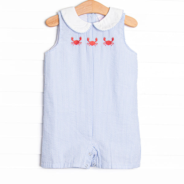Crab Walk Cutie Embroidered Jon Jon, Blue Seersucker