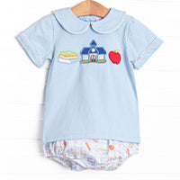 This set features a blue shirt with school appliques including books, a schoolhouse, and an apple. Coordinating school patterned diaper cover to match.