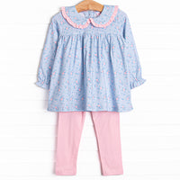 This set features a long sleeve blue floral print, a peter pan collar with pink ruffle trim, and pink leggings to match.