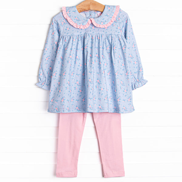 This set features a long sleeve blue floral print, a peter pan collar with pink ruffle trim, and pink leggings to match.