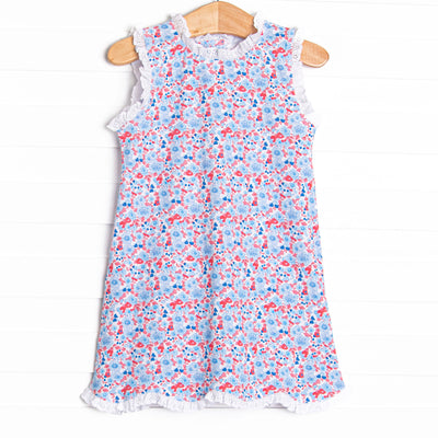 Red, White and Bloom Scalloped Dress, Blue