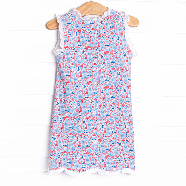 Red, White and Bloom Scalloped Dress, Blue