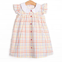This dress features a plaid print, flutter sleeves, and a peter pan collar.