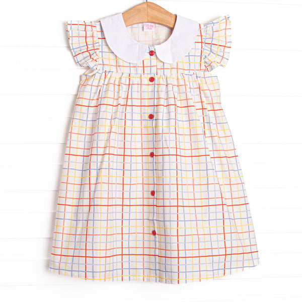 This dress features a plaid print, flutter sleeves, and a peter pan collar.