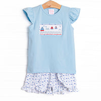 Sailboat Swarm Smocked Ruffle Short Set, Blue