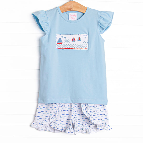 Sailboat Swarm Smocked Ruffle Short Set, Blue