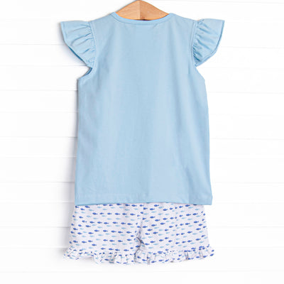 Sailboat Swarm Smocked Ruffle Short Set, Blue