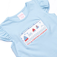 Sailboat Swarm Smocked Ruffle Short Set, Blue