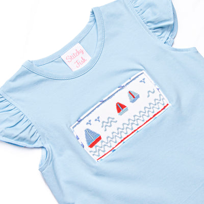 Sailboat Swarm Smocked Ruffle Short Set, Blue