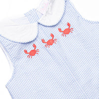 Crab Walk Cutie Embroidered Jon Jon, Blue Seersucker