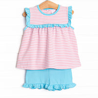 Bonnie Ruffle Short Set, Aqua and Light Pink Stripe