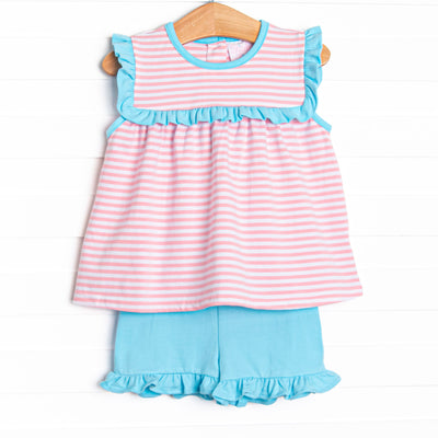 Bonnie Ruffle Short Set, Aqua and Light Pink Stripe