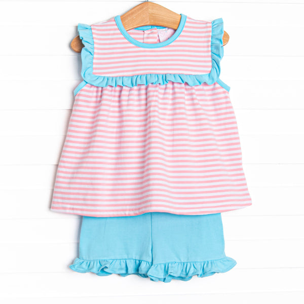 Bonnie Ruffle Short Set, Aqua and Light Pink Stripe