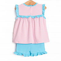 Bonnie Ruffle Short Set, Aqua and Light Pink Stripe