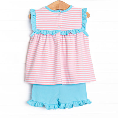 Bonnie Ruffle Short Set, Aqua and Light Pink Stripe