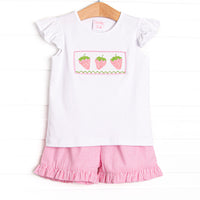 Strawberry Seersucker Smocked Ruffle Short Set, Pink