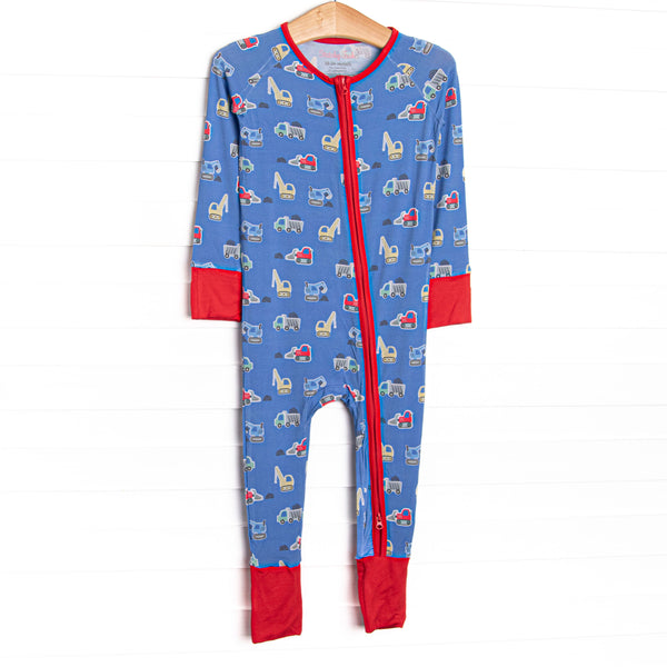 This set is made of the extremely soft, stretchy bamboo viscose fabric that feels like butter and features a blue machinery print.