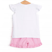 Strawberry Seersucker Smocked Ruffle Short Set, Pink