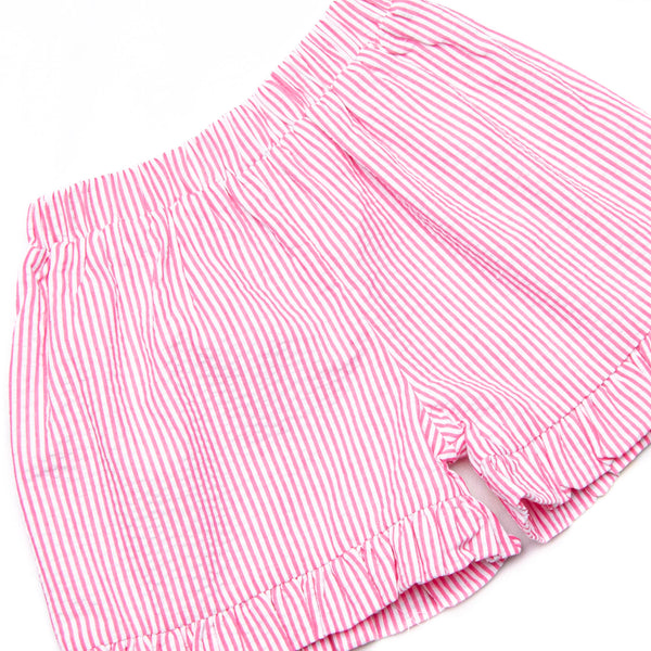 Strawberry Seersucker Smocked Ruffle Short Set, Pink