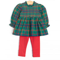  This set features a tartan plaid top with a smocking across the chest, and red leggings to match. 