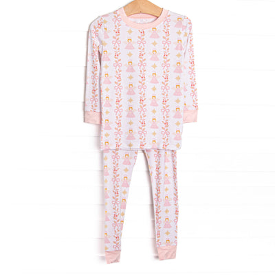 This set is made of the extremely soft, stretchy bamboo viscose fabric that feels like butter and features a pink angel print.