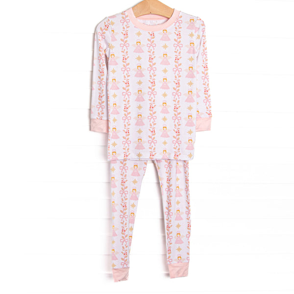 This set is made of the extremely soft, stretchy bamboo viscose fabric that feels like butter and features a pink angel print.