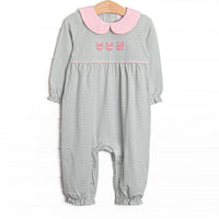 This romper features sage green and white striped fabric, a trio of Christmas ornament embroidery, and a pink Peter Pan collar.