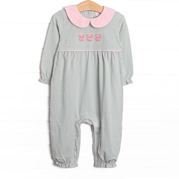 This romper features sage green and white striped fabric, a trio of Christmas ornament embroidery, and a pink Peter Pan collar.