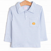 This precious shirt features blue stripes, a pumpkin embroidery, and the softest Pima cotton.