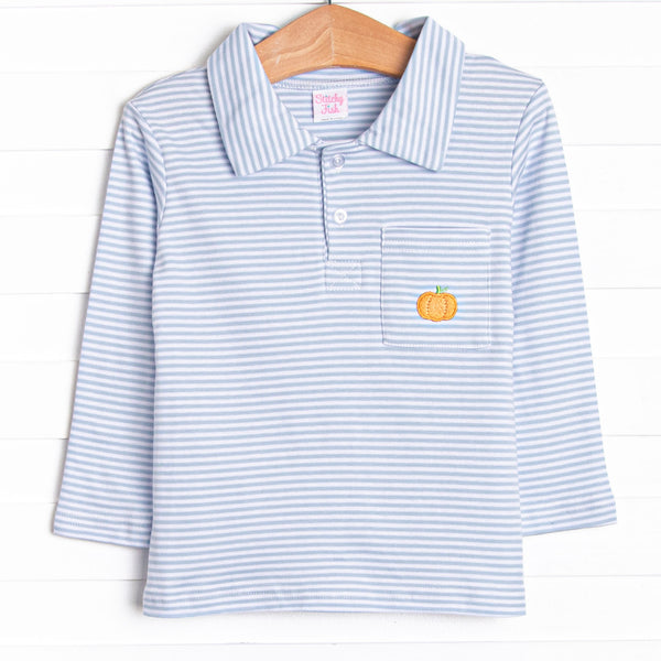 This precious shirt features blue stripes, a pumpkin embroidery, and the softest Pima cotton.