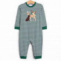 This romper features the softest green striped knit material, snaps on the stride, and a deer, dog, and duck applique.