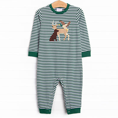 This romper features the softest green striped knit material, snaps on the stride, and a deer, dog, and duck applique.