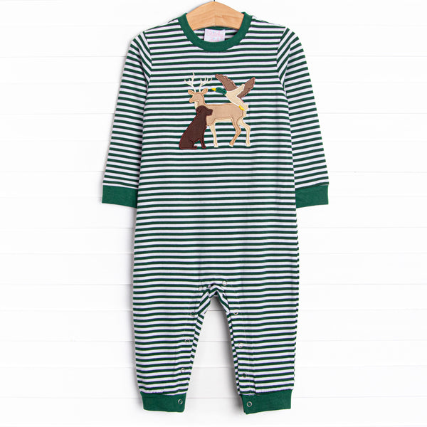 This romper features the softest green striped knit material, snaps on the stride, and a deer, dog, and duck applique.