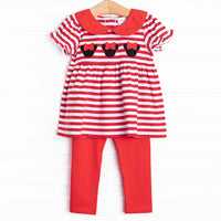  This set features a red striped print, a red peter pan collar, and a trio of mouse appliques. Coordinating red knit leggings to match. 