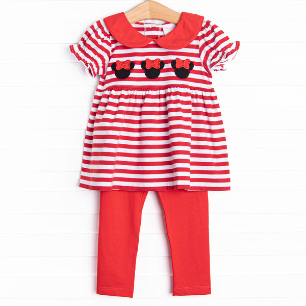  This set features a red striped print, a red peter pan collar, and a trio of mouse appliques. Coordinating red knit leggings to match. 
