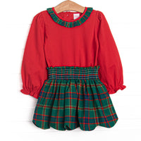  This set features a red long sleeve top with a ruffle collar, and tartan plaid skirt to match. 