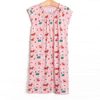 This night gown is made of the extremely soft, stretchy bamboo viscose fabric that feels like butter and features a pink Christmas puppy print. 
