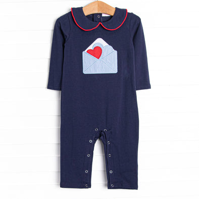 Heartfelt Note Applique Romper, Navy