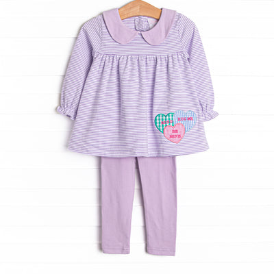 Candy Hearts Applique Legging Set, Purple