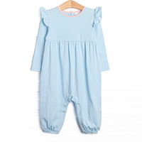 The romper features the softest knit material, snaps in the stride to make changing a breeze, and blue knit.