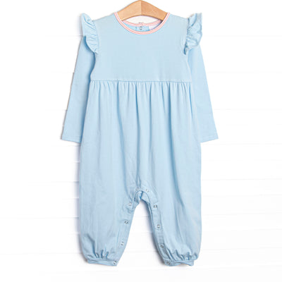 The romper features the softest knit material, snaps in the stride to make changing a breeze, and blue knit.